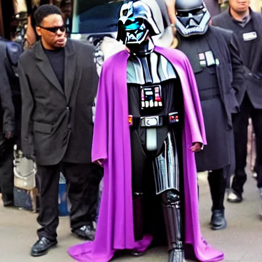 Image similar to darth vader is a pimp, wearing an oversized purple coat, gold jewlery, and a diamond tipped cane