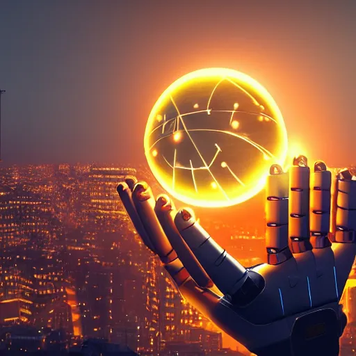 Prompt: A robotic hand reaching for a glowing ball of energy, with a cityscape in the background, by Rashad Alakbarov and Dmitry Groznikov and Gleb Alexandrov and Sergey Kolesnikov, highly coherent, artstation, 8K