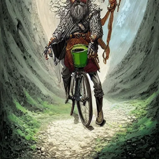 Image similar to a bearded and long haired bicycle food delivery worker with a green bag on his back in Europe, he has boots, epic fantasy style art by kim jung gi, fantasy epic digital art