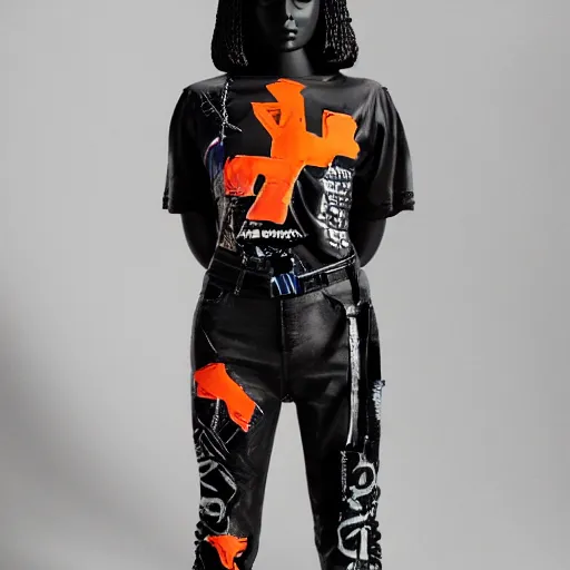 Image similar to black marble statue of a beautiful woman with colorful motocross logos in the style of virgil abloh, very very beautiful, detailed, off white, heron preston, 8 k, 4 k, detailed, beautiful, symmetrical, vogue, editorial, fashion, magazine, model