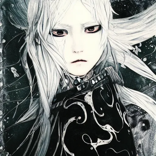 Image similar to yoshitaka amano blurred and dreamy illustration of an anime girl with pirate eye patch, wavy white hair and cracks on her face wearing elden ring armour with the cape fluttering in the wind, abstract black and white patterns on the background, noisy film grain effect, highly detailed, renaissance oil painting, weird portrait angle