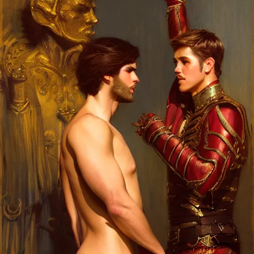 Image similar to attractive fully clothed king confesses his love for his attractive fully clothed male prince. highly detailed painting by gaston bussiere, craig mullins, j. c. leyendecker 8 k