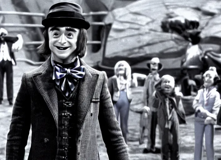 Image similar to film still of Daniel Radcliffe as Willy Wonka in Willy Wonka and the Chocolate Factory 1971