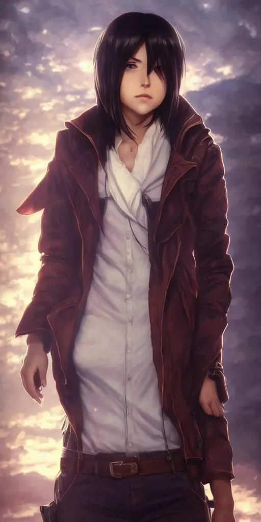 Image similar to mikasa ackerman, hero pose, medium shot, bokeh, beautiful face!!!!, 2 7 years old, cg animation, lifelike, animated, realistic, character select portrait, by artgerm, greg rutkowski, alphonse mucha, 3 d