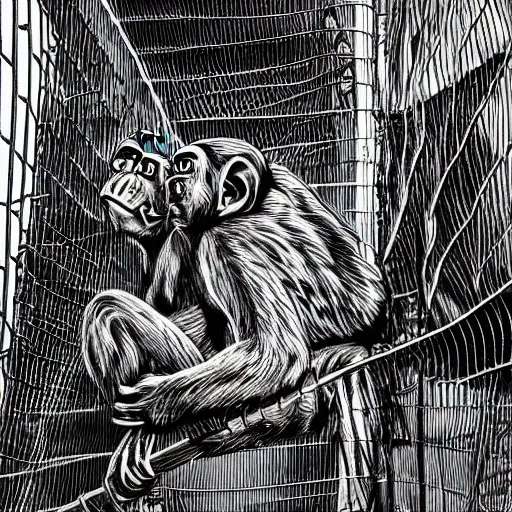 Image similar to monkeys greeting quetzalcoatl locked in a cage in a warehouse, 1 9 8 0's scifi, black and white, 8 k, highly ornate intricate details, extreme detail, punk xerox, lofi