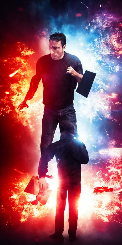 Prompt: Action movie poster with a guy holding a wallet, explosion and red rim light behind, 4K