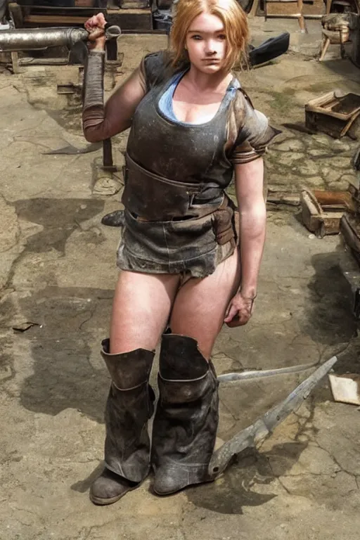 Image similar to female blacksmith, extremely burly. strawberry - blonde hair, many freckles. face resembles natalia vodianova, but she is built like a blacksmith : burly, broadshouldered, thicklimbed, kinda swole. she is fully clothed in her work clothes. she is very strong.