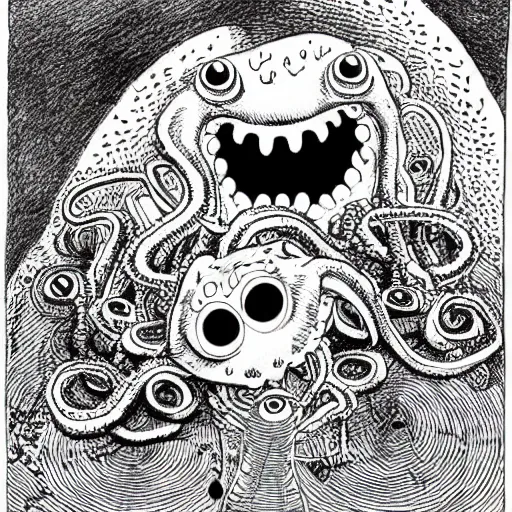 Image similar to a cute but frightening corgi with many eyes and tentacles, detailed horror manga drawing by junji ito, kentaro miura