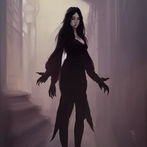 Image similar to female human vampire witch in the style of greg rutkowski, makoto shinkai, trending on artstation, character design, concept art, pretty face, highly detailed, long black hair, portrait, digital art