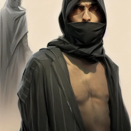 Image similar to ultra realistic illustration, man in a black hood, in a striped purple balaclava, mysterious, highly detailed, digital painting, artstation, concept art, smooth, sharp focus, illustration, art by artgerm and greg rutkowski and alphonse mucha