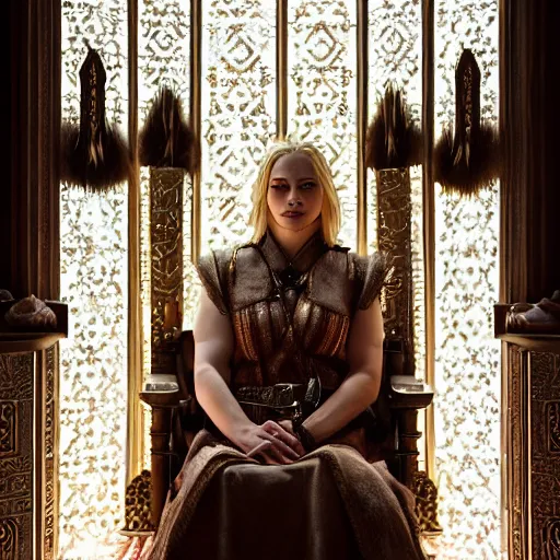 Image similar to the elder scrolls vi, charismatic regal blonde female jarl, portrait, exquisitely designed throne room, atmospheric lighting, painted, intricate, volumetric lighting, beautiful, daytime, slightly sunny weather, sharp focus, deep colours, ultra detailed, by leesha hannigan, ross tran, thierry doizon, kai carpenter, ignacio fernandez rios