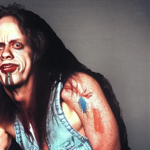 Steve Buscemi as an 80s metal singer with long hair on Stable