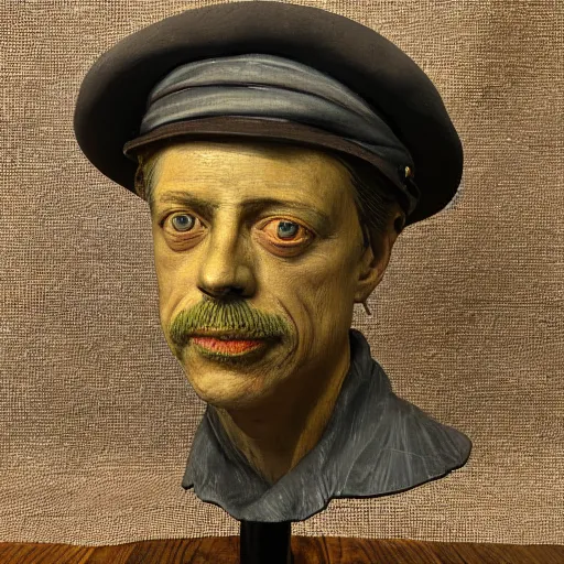 Image similar to hyper realistic closeup bust of a new england fisherman, wearing a yellow fisherman's hat, steve buscemi, painted, colorized, bossons vintage chalkware, by emile renouf