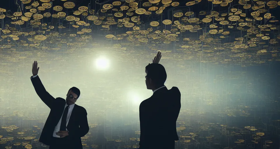 Image similar to Dramatic photo of a CEO waving goodbye in front of a group of silhouettes of his coworkers in a futuristic office. Golden coins are levitating all around them. 8k, high detail, trending on Artstation, volumetric lighting, cyberpunk