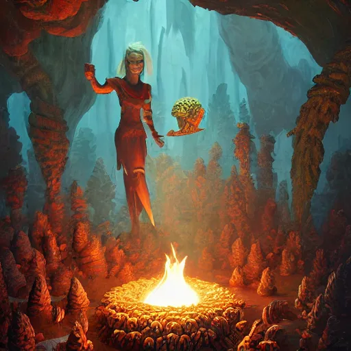 Prompt: illustrated portrait vogue designer Master Chief Sacrificing the Elves to a Volcano Volcano God Volvo Altar made of pinecones and fire kenny scharf giorgio de chirico marc simonetti greg rutkowski james gilleard anton semenov