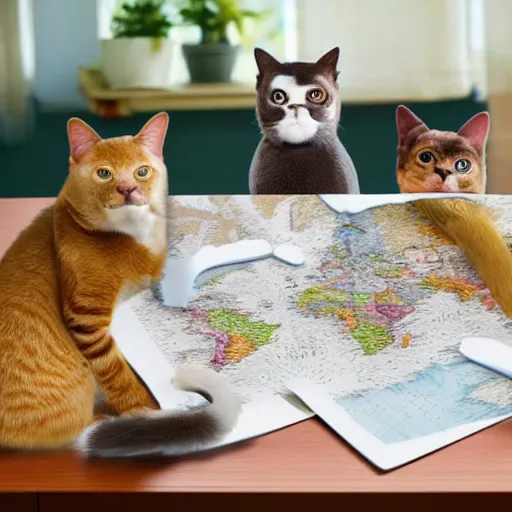 Prompt: Evil cats sitting around a table with a map of the world plotting world domination 8k