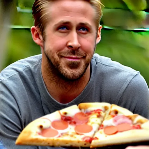 Prompt: ryan gosling burns his tongue on a pizza