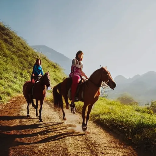 Prompt: women, riding man like a horse, on a small path in the hills