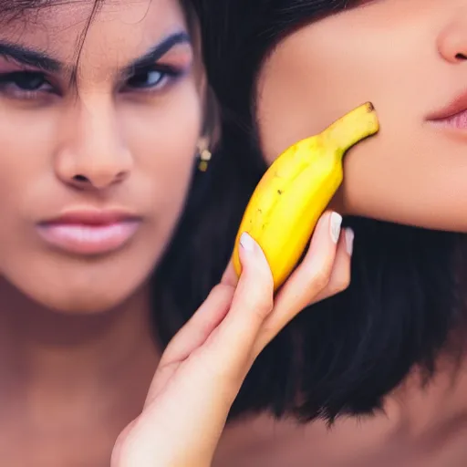 Image similar to close up photography of a woman that is about to bite into a banana, profile, close camera