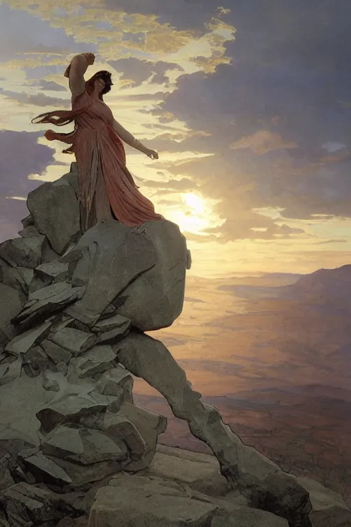 Prompt: a detailed colossal magnificent stone sculpture carved from the top of a massive mountain of an elegant woman lying flat on the ground with one hand raised to the sky, fine detail, sunrise on the horizon in the background, stone hand raised up, 8 k, art by greg rutkowski and alphonse mucha and andreas rocha and albert bierstadt