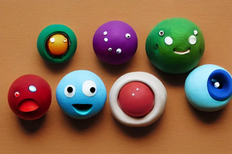 Image similar to cute spherical monsters representing fundamental particles, made of FIMO, by John Chamberlain