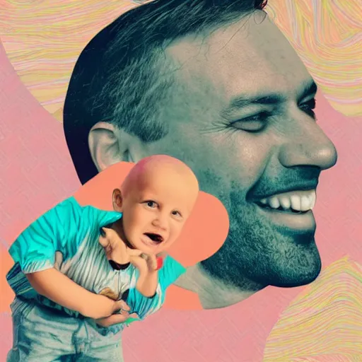Prompt: hyperdetailed beautiful digital paper collage of a beautiful father with a beautiful child, smiling at each other. interesting textures in vibrant pastel tones. maximalist illustration in the style of a mixed media collage. half-lenght. matte background. HD 8x