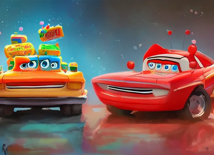 Prompt: concept design of cute candy cars for wreck - it ralph, oil painting by eren arik and jama jurabaev, extremely detailed, brush hard, artstation, high quality, brush stroke