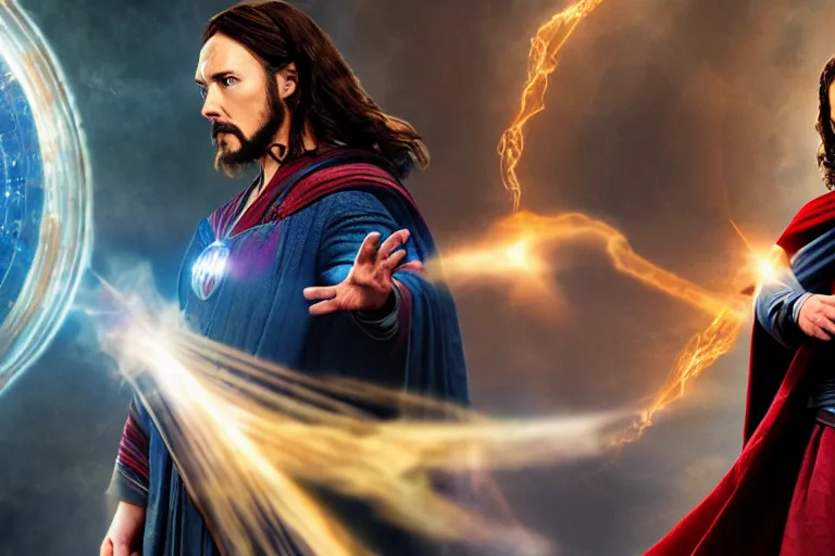 Image similar to film still of Jesus Christ as Doctor Strange in new Avengers film, 4k