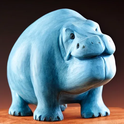 Prompt: a small smooth hippo statue carved from natural wood, dipped in polished blue ceramic, half and half, mixed media, side view