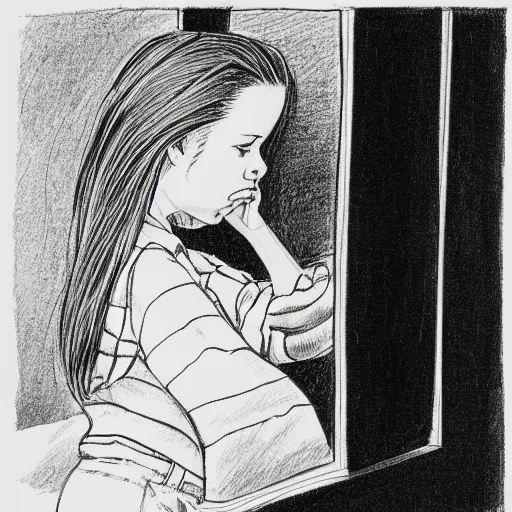 Prompt: rear view of a dark haired young girl lookng at her reflection in a mirror, shocked expression, hand over mouth, 1990s bedroom, children's book illustration, line drawing