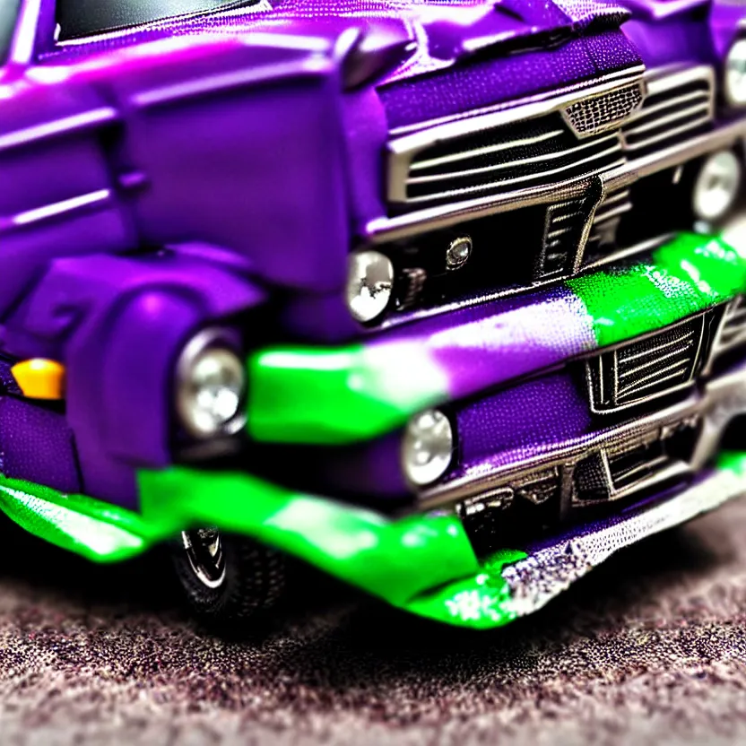 Image similar to close-up JZX100 twin turbo drift jet engine monster truck drag racer cowboy Cadillac hover-car UFO in the road, Tokyo prefecture, Japanese architecture, city sunset mist lights, cinematic lighting, photorealistic, detailed alloy wheels, highly detailed purple green snake oil wacky races power ranger bat-mobile transformer car