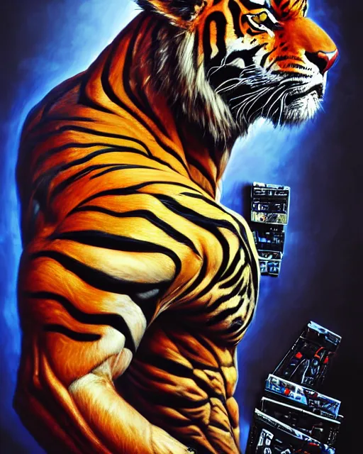 Prompt: a portrait of a muscular anthropomorphic cyberpunk tiger by sandra chevrier, by jon foster, detailed render, pistol in holster, tape deck, epic composition, cybernetics, 4 k realistic, cryengine, realistic shaded lighting, sharp focus, masterpiece, by enki bilal