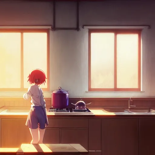 Image similar to interior background art, bright window lit kitchen, morning, food on the stove, wooden floors, houseplants, cottage decor, gapmoe yandere grimdark, trending on pixiv fanbox, painted by greg rutkowski makoto shinkai takashi takeuchi studio ghibli, akihiko yoshida