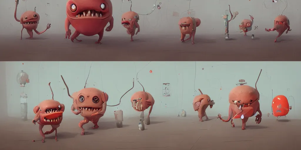 Prompt: cute monsters in an art gallery by Goro Fujita and Simon Stalenhag , 8k, trending on artstation, hyper detailed, cinematic