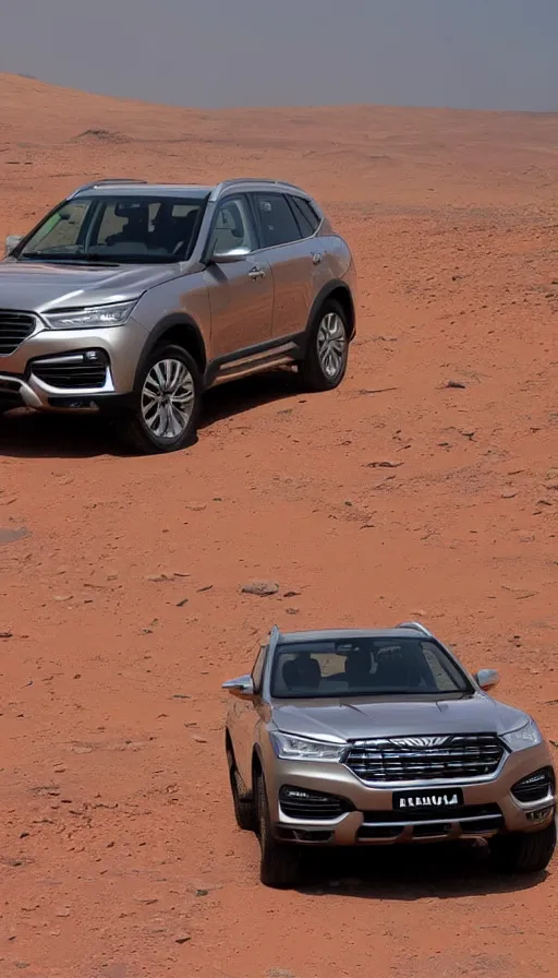 Image similar to haval h9 on mars the terminator sits behind the wheel