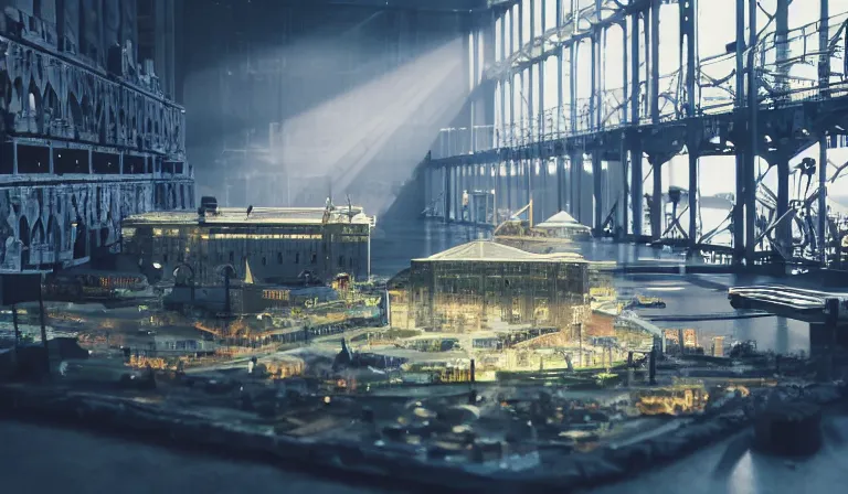 Image similar to sparse group people in simple warehouse, looking at hologram of futuristic city on a table, cinematic concept art, godrays, golden hour, natural sunlight, 4 k, clear details, tabletop model buildings, center model buildings, hologram center, crane shot, crane shot, crane shot