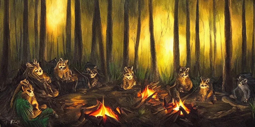 Image similar to A majestic night in the forest. A small group of racoons is sitting next to a campfire. Cinematic, very beautiful, painting in the style of Lord of the rings