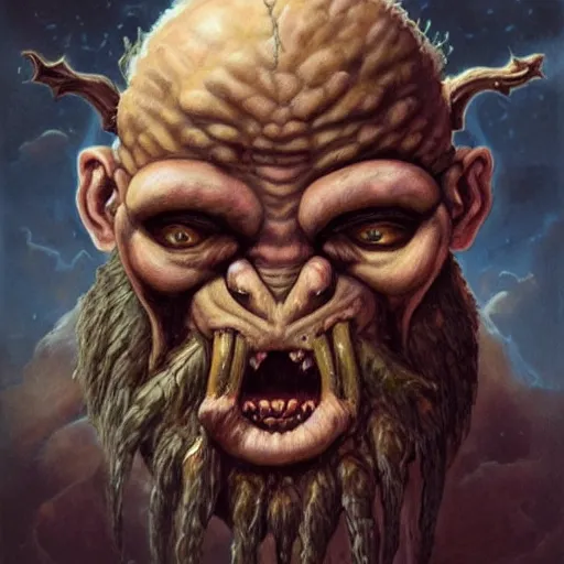 Prompt: grimpunk vile reprobate portrait portrait Cyclops Cyclops Cyclops Polyphemus Ogre grimaces with horrible tusks face nose septum ring ears tombow alexandre briclot Dave Dorman splatterpaint