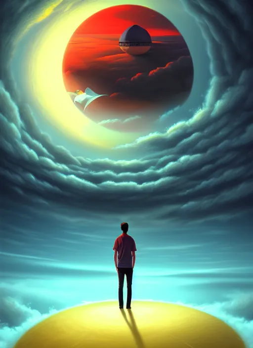 Prompt: a person standing in front of a large circular object, an album cover by cyril rolando, deviantart, magic realism, photoillustration, apocalypse art, matte drawing