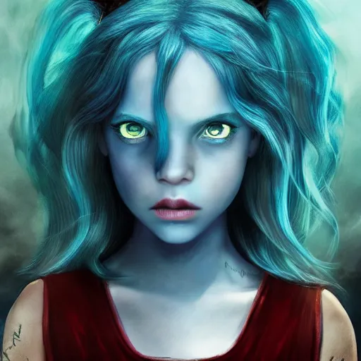 Prompt: portrait of young girl half dragon half human, dragon girl, dragon skin, dragon eyes, dragon crown, blue hair, long hair, highly detailed, cinematic lighting, by Guillermo del toro, by Tim Burton