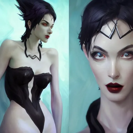 Image similar to tall woman with black hair and pale skin, from league of legends, as human, au naturel, hyper detailed, digital art, trending in artstation, cinematic lighting, studio quality, smooth render, unreal engine 5 rendered, octane rendered, art style by klimt and nixeu and ian sprigger and wlop and krenz cushart!