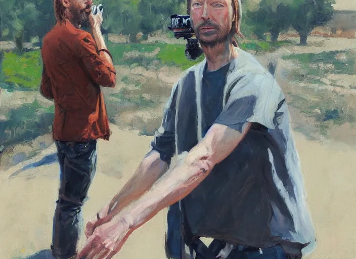 Image similar to a highly detailed beautiful portrait of thom yorke shooting, by gregory manchess, james gurney, james jean