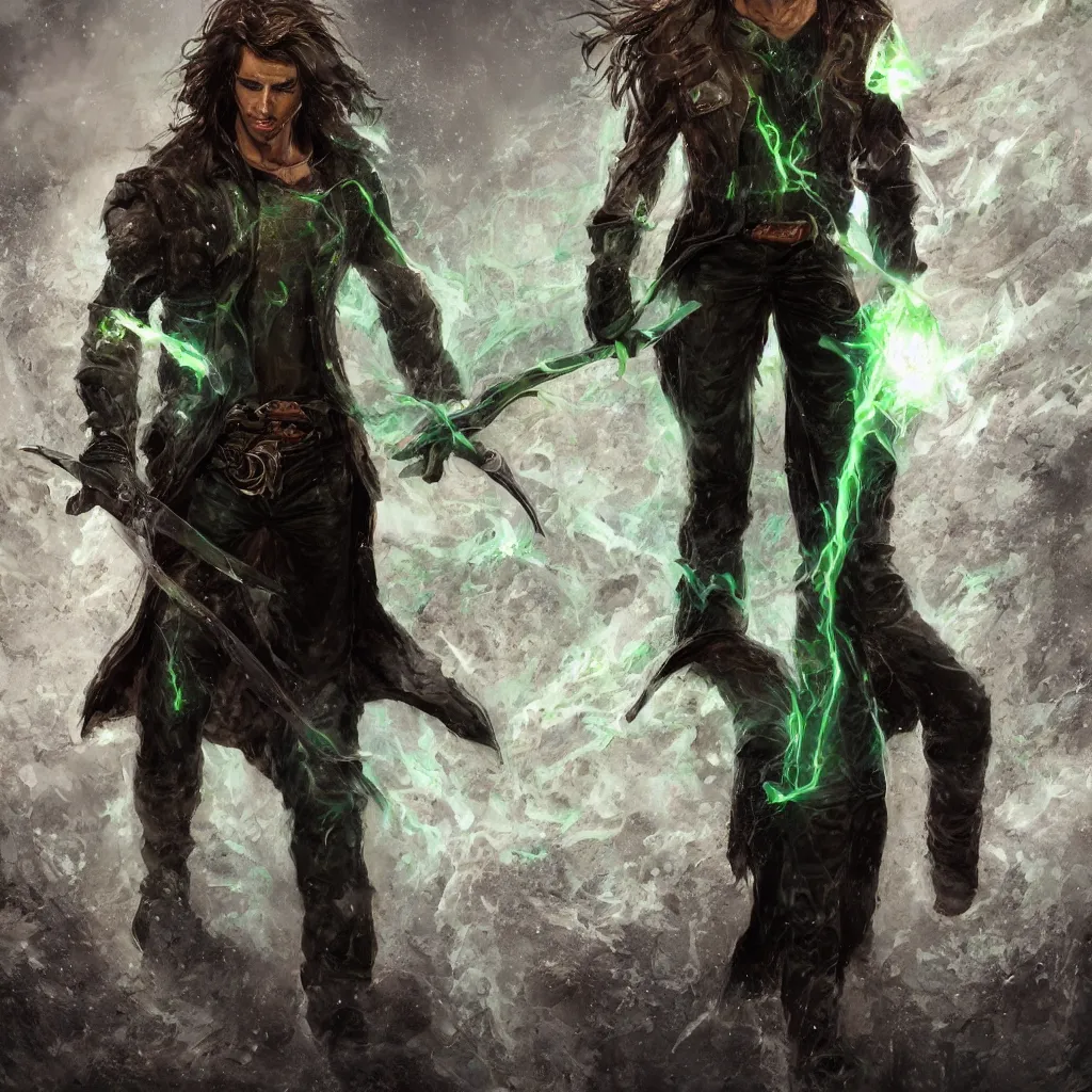 Prompt: tall, lean man with long wavy brown hair. He wears a torn-up leather jacket and a beige cloth shirt underneath. Black pants, and cowboy boots. Pale green glowing energy glows through the tears in his clothes, and he carries a large crystalline black longsword with red lightning that arcs across the blade. by craig mullins, featured on artstation