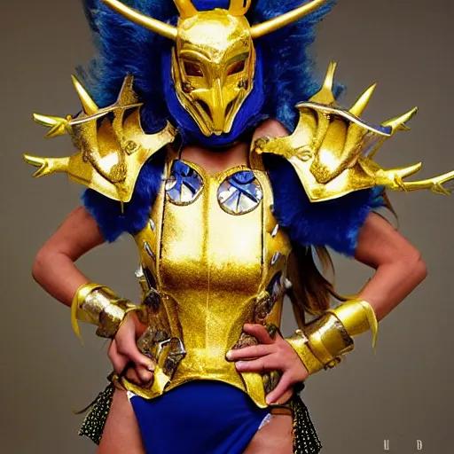 Image similar to a woman in elaborate blue and gold armor with spiked horns on her helmet, cosplay, photoshoot, photograph by Bruce Weber