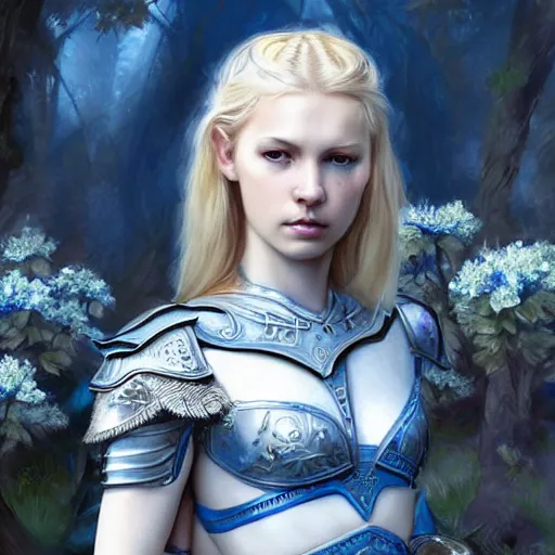 Image similar to young blonde female warrior in heavy blue and white armor, very beautiful and proportional face, surrounded by rabbits and exotic creatures, epic wallpaper, wide shot, high fantasy, flowers and trees, intricate detail, digital painting, artstation, concept art, smooth, sharp focus, illustration, art by monia merlo and wlop and artgerm and craig mullins