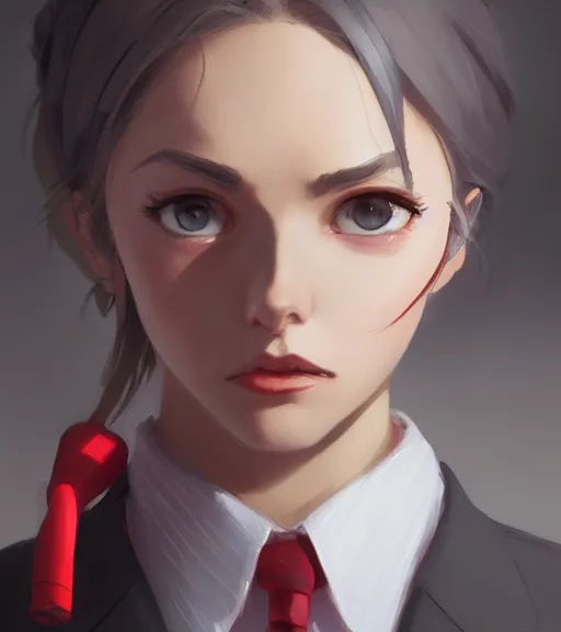 Image similar to a girl in a business, close up, sharp focus, red necktie and grey hair, digital painting, by tran ross and jordan grimmer and greg rutkowski, anime art, artstation, hd, smooth,