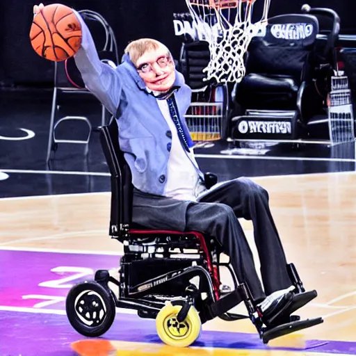 Image similar to photograph of stephen hawking flying through the air on flying wheelchair, dunking, side view, highlights of the 2 0 1 9 nba slam dunking contest