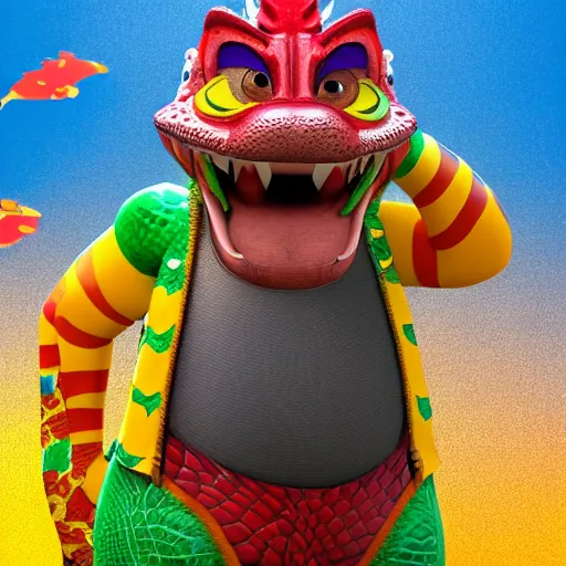 Image similar to 3 d render, anthropomorphic alligator, red scales on his back, yellow scale on his belly and chest, male, waring a hawaiian shirt, in the style of zootopia, hd, 4 k, high definition background