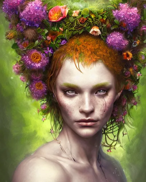 Prompt: muscular female druid swathed in flowers, perfect face, thin antlers, green halter top, ginger hair, abs, cinematic, freckles, stunning, athletic, strong, agile, highly detailed, psychedelic, digital painting, artstation, smooth, hard focus, illustration, art by jessica rossier and and brian froud