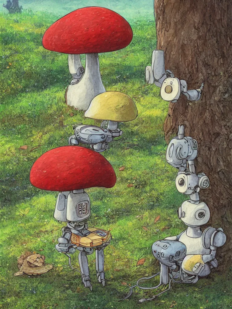 Image similar to portrait painting of a rustic robot sitting under a tree, mushroom, in the style of Studio Ghibli, by Hayao Miyazaki, high quality, detailed, 8k, amazing